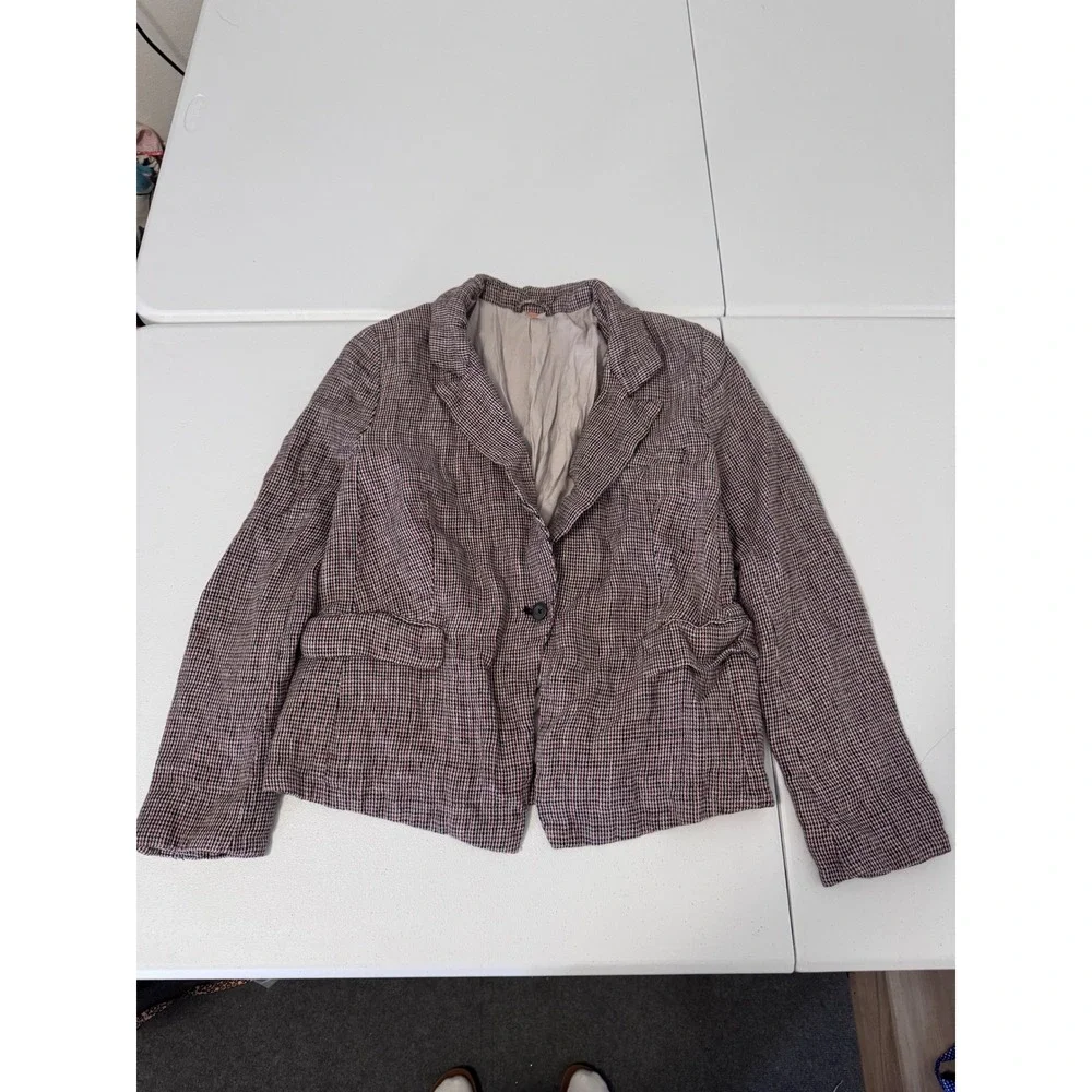 Free‎ People Linen Houndstooth Single Button Blazer Jacket Neutral Red Large t3